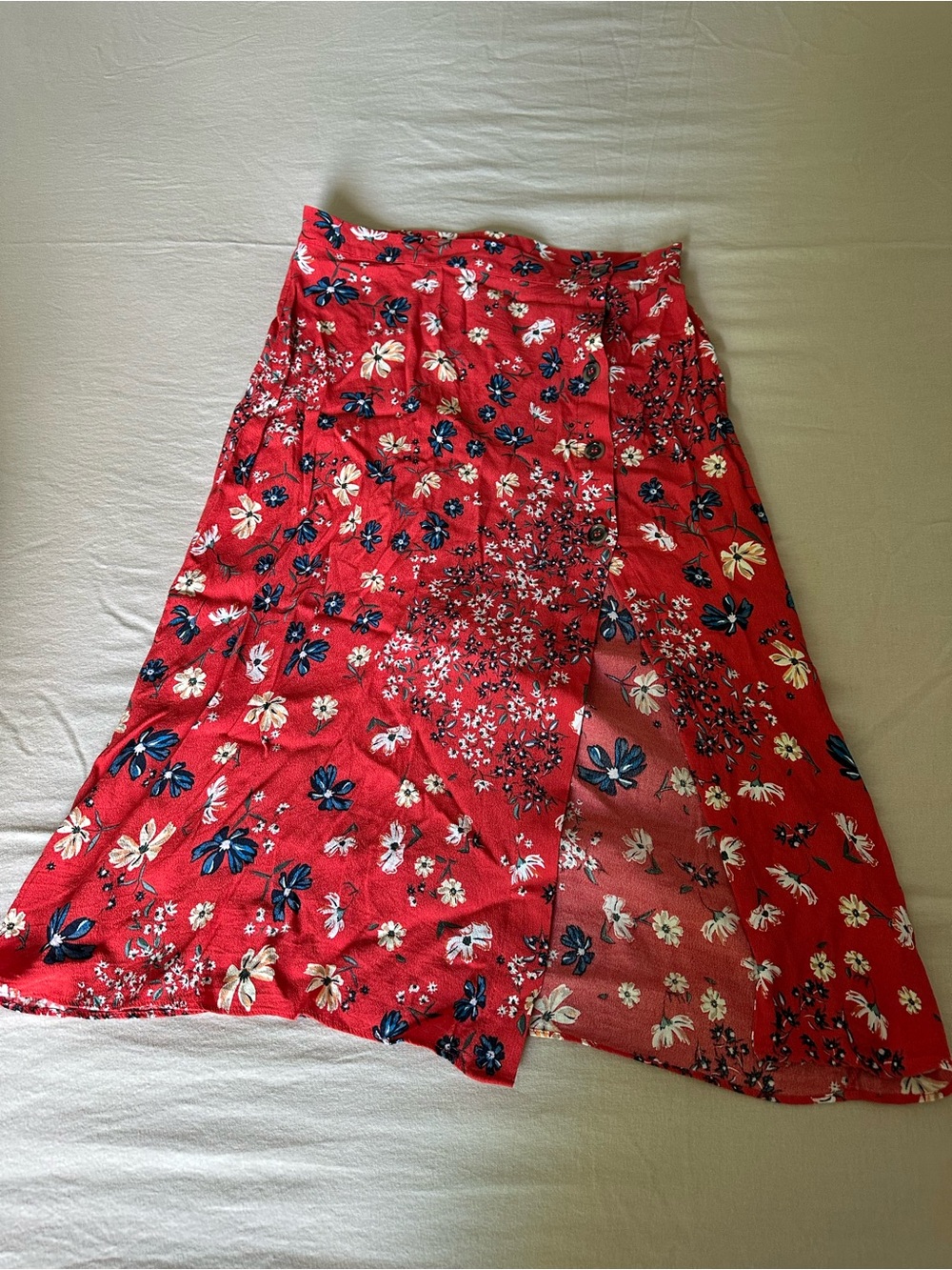 H&M Red Floral Pencil Skirt with Blue and White Flowers